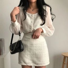 Dresses Korean Fashion Tweed 2 Two Piece Set Women Vintage Long Sleeve Tops + High Waist Sexy Mini Skirt Suits Ensemble Femme Vintage