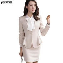 Suits New Autumn Winter Women Skirt Suits Elegant Business Formal Long Sleeve Hem Ruffles Office Ladies Work Uniforms