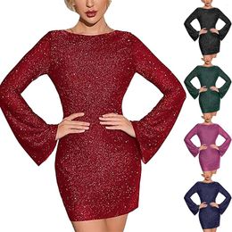 Casual Dresses Women's Solid Color Dress Sequin Backless Long Sleeved Shiny Tight Fitting