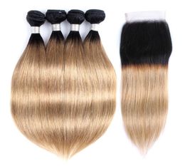 Ombre Straight Hair Bundles With Closure 1B 27 Honey Blonde Brazilian Virgin Hair 4 Bundles With 4x4 Lace Closure Remy Human Hair 8048886