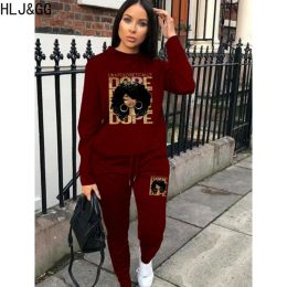 Suits HLJ&GG Autumn Winter Pattern Printing Tracksuits Women Long Sleeve Pullover And Jogger Pants Two Piece Set Female Sporty Outfits