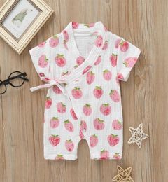 Cute Newborn Baby Girl Romper Summer Clothes Pink Strawberry Kimono Infant Jumpsuit Belt Infants Girl Clothes Baby Romper 20201612829