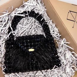 Evening Bags Vintage Personalised Ostrich Hair Weaving Fashion Handbag 2024 Handmade Beaded Bag Hand-woven Acrylic Black Women's