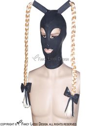 Sexy Pigtail Latex Hood With Wigs Hair And Bows Zip At Back Open Eyes Mouth Nostril Rubber Mask Plus Size 00434137833