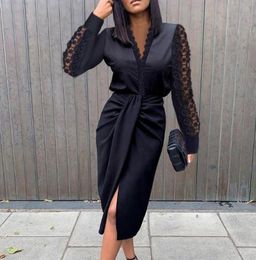 Casual Dresses Black Women Wrap Dress Elegant Lace Long Sleeve V Neck Ruched Slim Party Fashion Split Satin Streetwear Retro8363280