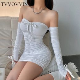 Dress TVVOVVIN Sexy Tight Thin One Shoulder Strapless Lace Up Pleated Buttocks Long Sleeve Dress Short Hot Fashion Korean Tops F9DO