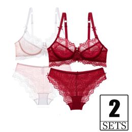 2 Pieces Set Sexy Transparent Bra And Panties Plus Size C D Women Embroidery Push Up Brassiere Lace Underwear Lingerie White Red 240304