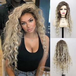 Hair Wigs Synthetic Long Blonde Curly for Women Waving Wig Dark Roots Ombre Fluffy Charming Party Ladies Sexy 240306