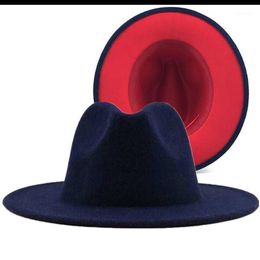 Simple Navy with Red Bottom Patchwork Panama Wool Felt Jazz Fedora Hats Women Men Wide Brim Party Cowboy Trilby Gambler Hat2997
