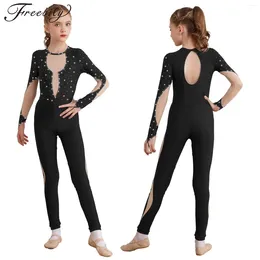 Stage Wear Kids Girls Figure Skating Bodysuit Ballet Dance Gymnastics Acrobatics Yoga Leotard Long Sleeve Shiny Sheer Mesh Unitard Jumpsuit