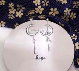 Thaya 925 Sterling Silver Earring Dangle Crescent Bamboo leaves Japanese Style For Women Fine Jewellery 2106181932585