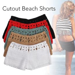 Shorts Women Summer Solid Knit Crochet Shorts Sexy Female Hot Hollow Out Short Pants Holiday Beachwear Crochet Cotton Net Loose Shorts