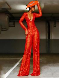 Designer Red Sequined Jumpsuit Sexy Sequin Bodycon Women Deep V Neck Long Sleeve Evening Party Clubwears Women039s Jumpsuits 2062278
