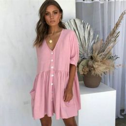 Dress Loose Casual Summer Cotton linen Dress Solid VNeck Short Sleeve with Pockets Female Soft Material Clothes Plus Size