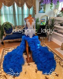 King Blue Sparkly Mermaid Evening Formal Dresses for Black Girl 2024 Luxury Diamond Crystal Ruffles Train Prom Gala Gown