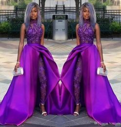 2022 Purple Jumpsuits Prom Dresses With Detachable Train High Neck Lace Appliqued Bead Evening Gowns Luxury African Party Gowns PR6387951