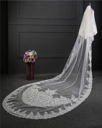 2017 Custom Made Wedding Veil Real Picture Stunning Two Layers White Ivory 3 Meter Long Lace Applique Tulle Cathedral Bridal Veils4770016