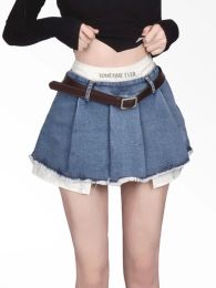 Dresses Houzhou Sexy Korean Denim Micro Skirt Women Y2k High Waist Irregular Patchwork Fake Twopiece Pleated Mini Skirt Streetwear