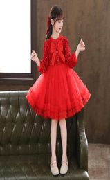 Big girls chirstmas party dresses kids Bows sequin long sleeve splicing lace tulle dress children red gauze princess clothes Q86995527683