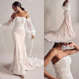 Elegant Mermaid Wedding Dress Strapless Removable Sleeves Bridal Gowns Appliques Sweep Train Dresses Custom Made vestidos de novia
