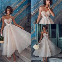 Romantic Lace Tea Length Dresses Summer Sparkling Sweetheart Tulle Beaded Bow Tie Beach Garden Wedding Dress Pregnant Bridal Gowns BC