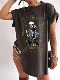 T-Shirts Seeyoushy Funny Couple Skulls The Lovers Print Women T Shirt Short Sleeve Side Slit T Shirt Summer Loose 90s Vintage Tees Tops