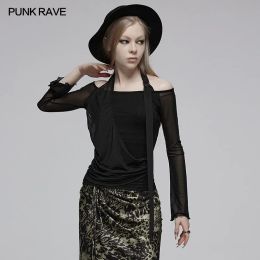 T-shirt PUNK RAVE Women's Gothic Daily Halter Neck Stretchmesh Panel Flared Sleeve Tshirt Sexy Asymmetric Casual Tops Women Clothes