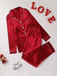 Solid Pyjama Set Long Sleeve Button Up Lapel Top Pants Pj Set Womens Sleepwear Loungewear 240306