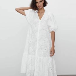 Dress TEELYNN 100% Cotton White Floral Embroidery Long Dress Women Vintage Lace V Neck Casual Loose Puff Sleeve Summer Dresses Party