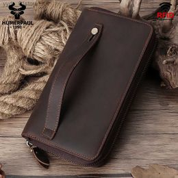 Money Clips RFID anti-theft brush top layer cowhide retro zippered wallet multi slot genuine leather mens long wallet drstring handbag L240306