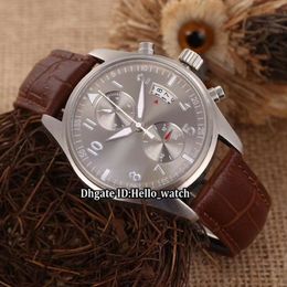 New Spitfire Big Pilot IW387802 Silver Grey Dial Automatic Mens Watch Silver Case Brown Leather Strap High Quality Gents Sport Wat213G