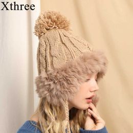 Xthree Knitted Winter Ear flaps Caps Women Rabbit Fur Bomber Hat Ear Flap Cap Casual Winter Trapper Hats Female Russian Hats G0923233E