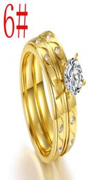 WholeStainless steel ring set with round large zircon titanium steel plated gold man and woman couple ring9204963