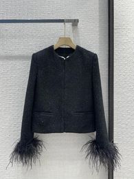 Women's Jackets 23 Autumn/Winter Feather Sleeves Bright Silk Black Soft Coat Woven Tweed Fabric Texture Is Delicate1228