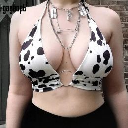 Camis Gagaopt Sexy Summer Cow Print Crop Tops Y2K VNeck Sleeveless Sling Halter Harajuku Vest with Metal Ring for Girls Streetwear