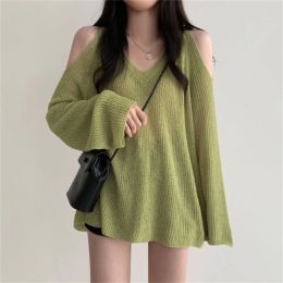 Pullovers Women's Sweater Cold Shoulder V Neck Long Sleeve Knit T Shirt Fall Casual Loose Blouse Tunics Pullover Top Solid Colour Dropship