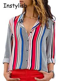 Shirt Office Lady Long Sleeve Striped Lapel Shirts Casual Chiffon Blouse Elegant Loose Tops All Match Simple Chic Women Clothing Tunic