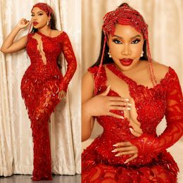 African Nigeria Plus Size Aso Ebi Prom Dresses Long Mermaid Evening Dresses Rhinestones Illusion Beaded Lace Women Formal Gowns for Black Girls Birthday Gown AM486