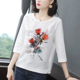 Blouse Tunic Women 4xl Floral Ladies Tops Casual 3/4 Sleeve Ethnic Vintage Blouse Basic White Tee Shirt Loose Casual O Neck