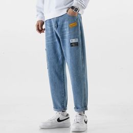 Korean Fashion Mens Jeans Classic Man Straight Denim Wideleg Pants Solid Colour Bagy Light Blue Grey Black 3XL 240227