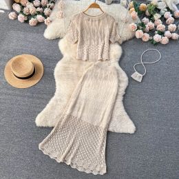 Suits Korean Style Hollow Hook Flower Lace Shortsleeved Suit Skirt Women's Short Top + Fishtail Skirt 2piece Set Trendy