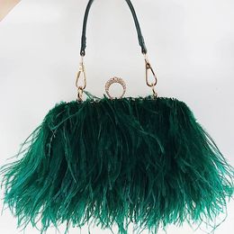 Luxury Ostrich Feather Evening Bags For Women Chain Shoulder Crossbody Bag Tassel Party Clutch Purse Green Wedding Handbags 240304