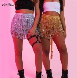 Skirts Sparkle Sequined Tassel Lace Up Shiny Hologram Chiffon Sexy Women Slim Mini Skirt Belly Dance Rave Festival 8 Colors14482270