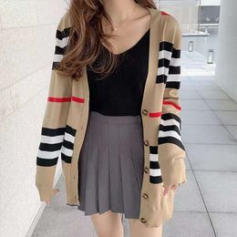 Women's sweater Cashmere Cardigan Mid-length Knitted Jacket V-neck Loose Striped Sweater Thin Ladies Trench Coat