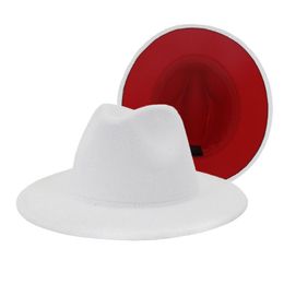White Red Double-Sided Colour Matching Felt Hat Men Women Flat Brim Panama Fedora Hats Western Cowboy Faux Woollen Hat with Belt Buc233N