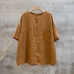 Women's Blouses Johnature 2024 Summer Woman Loose Linen Short Sleeves Shirt Vintage O-Neck Half Sleeve Casual Solid Colour
