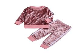 Baby Girls Clothes Toddler Kids Tshirt Pants Outfit Sets Cute Tracksuit Long Sleeves with Gold Velvet Tops Trousers Sport 1943005