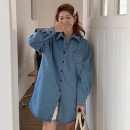 Women's Blouses SuperAen Korean Chic Autumn Vintage Lapel Single Breasted Loose Washed Long Sleeve Denim Shirt For Women