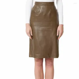Skirts Women's Genuine Lambskin Real Leather Skirt Soft Below Knee Length Pocket