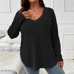 Women's Sweaters Autumn Winter Fashion Solid Color Large Clothing V-Neck Long Sleeve T-shirt Pit Striped Brushed Loose Pullover Tops
